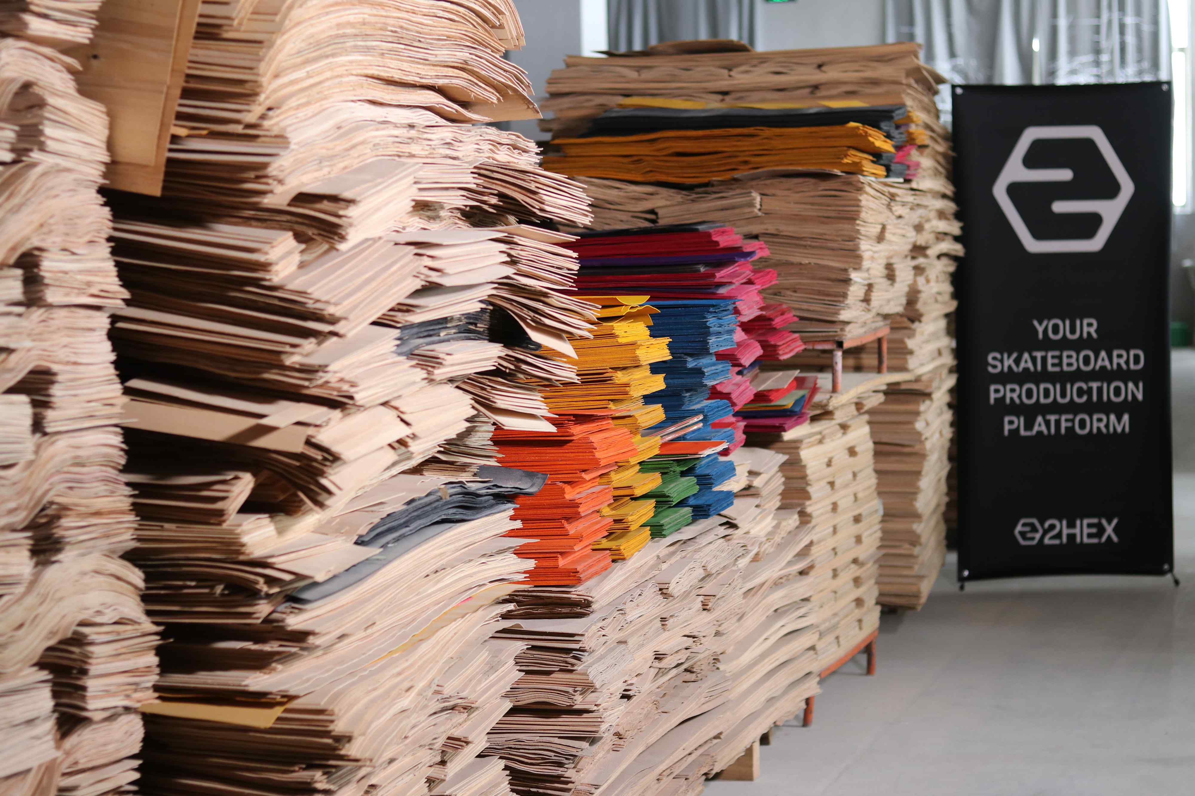 2hex skateboard veneers ready to be pressed
