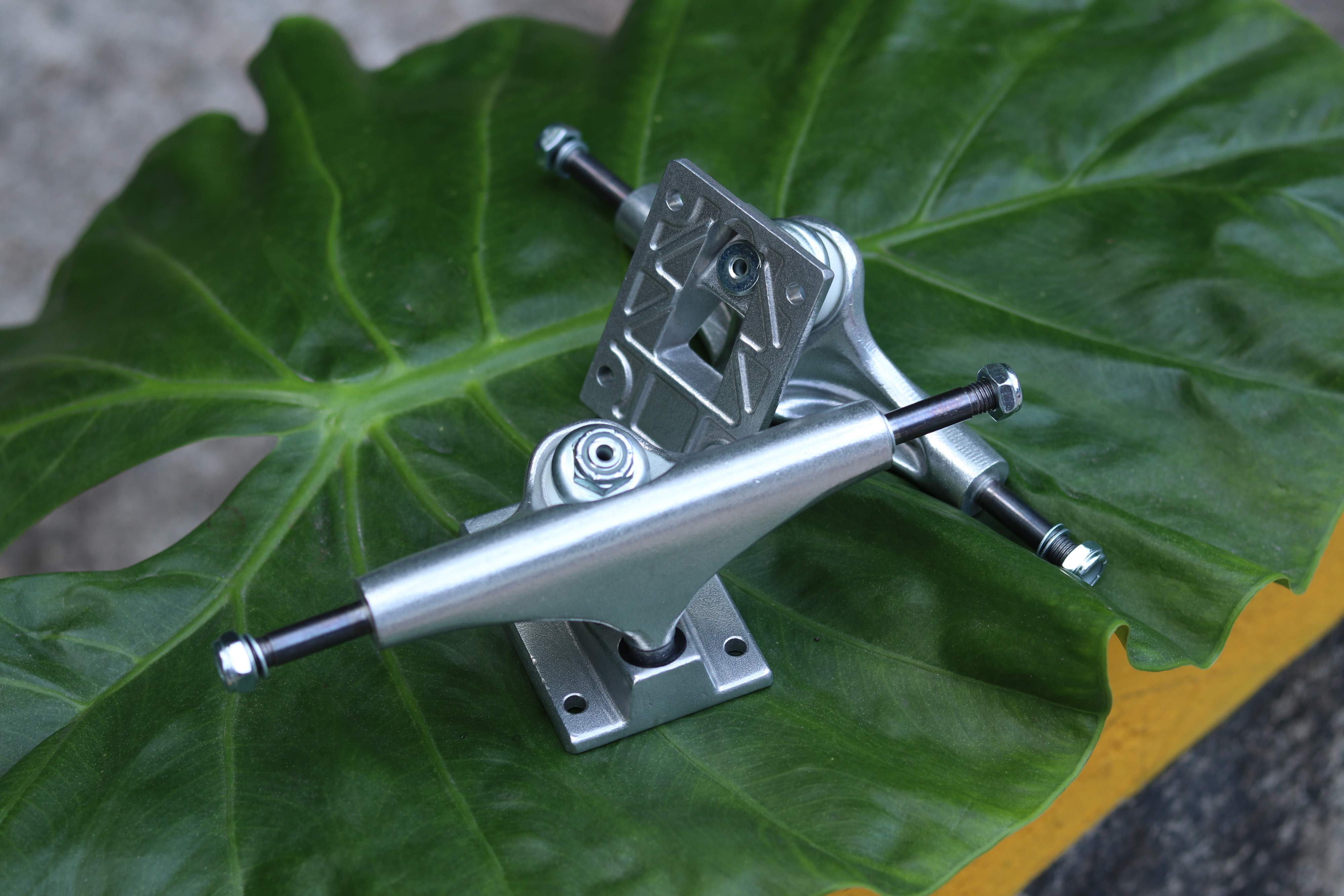 2hex raw silver skateboard trucks samples close up