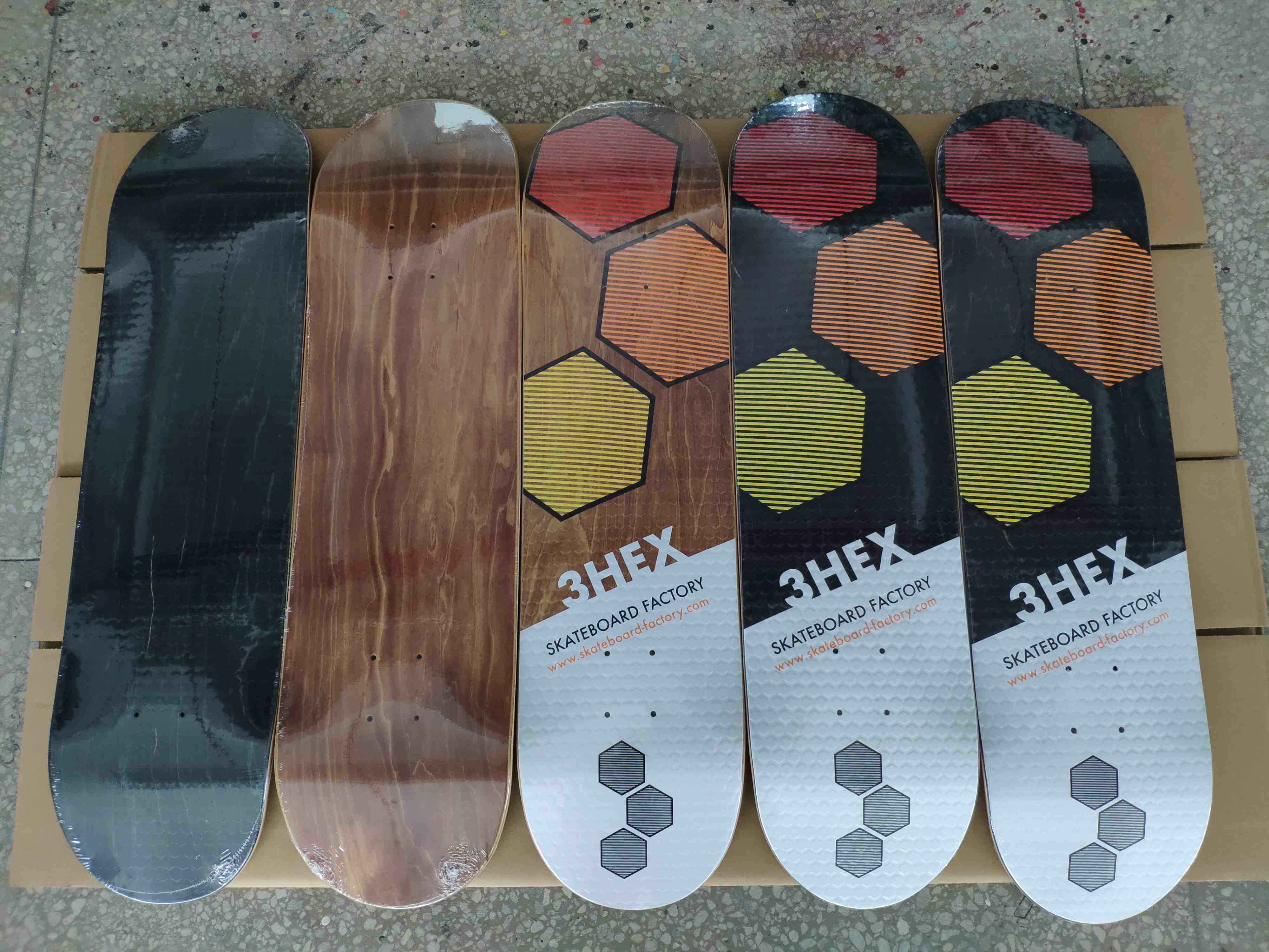 transparent skateboard graphic designs with deck grain and veneer visibility