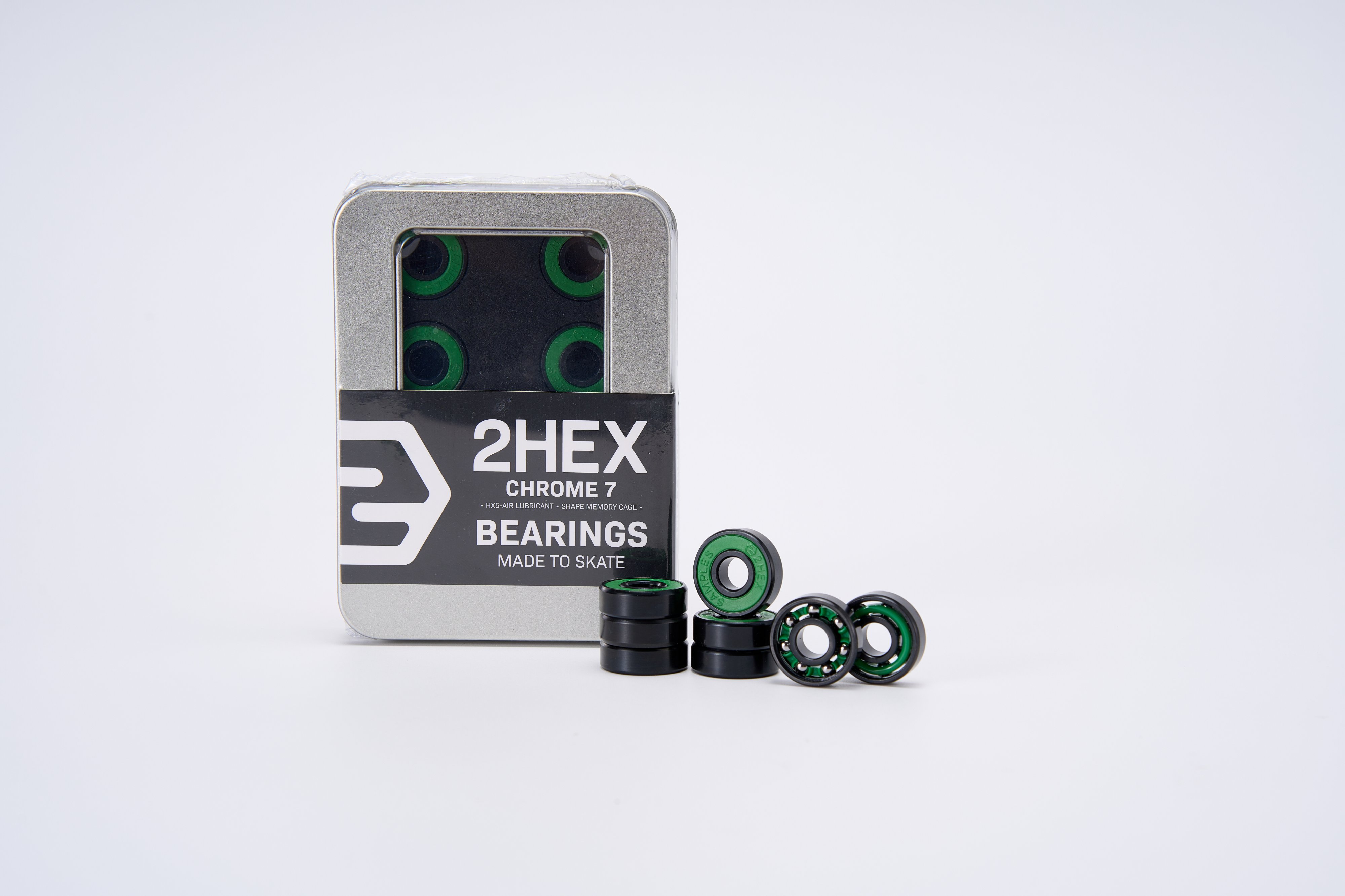 green 2hex skateboard bearing chrome samples in custom packaging