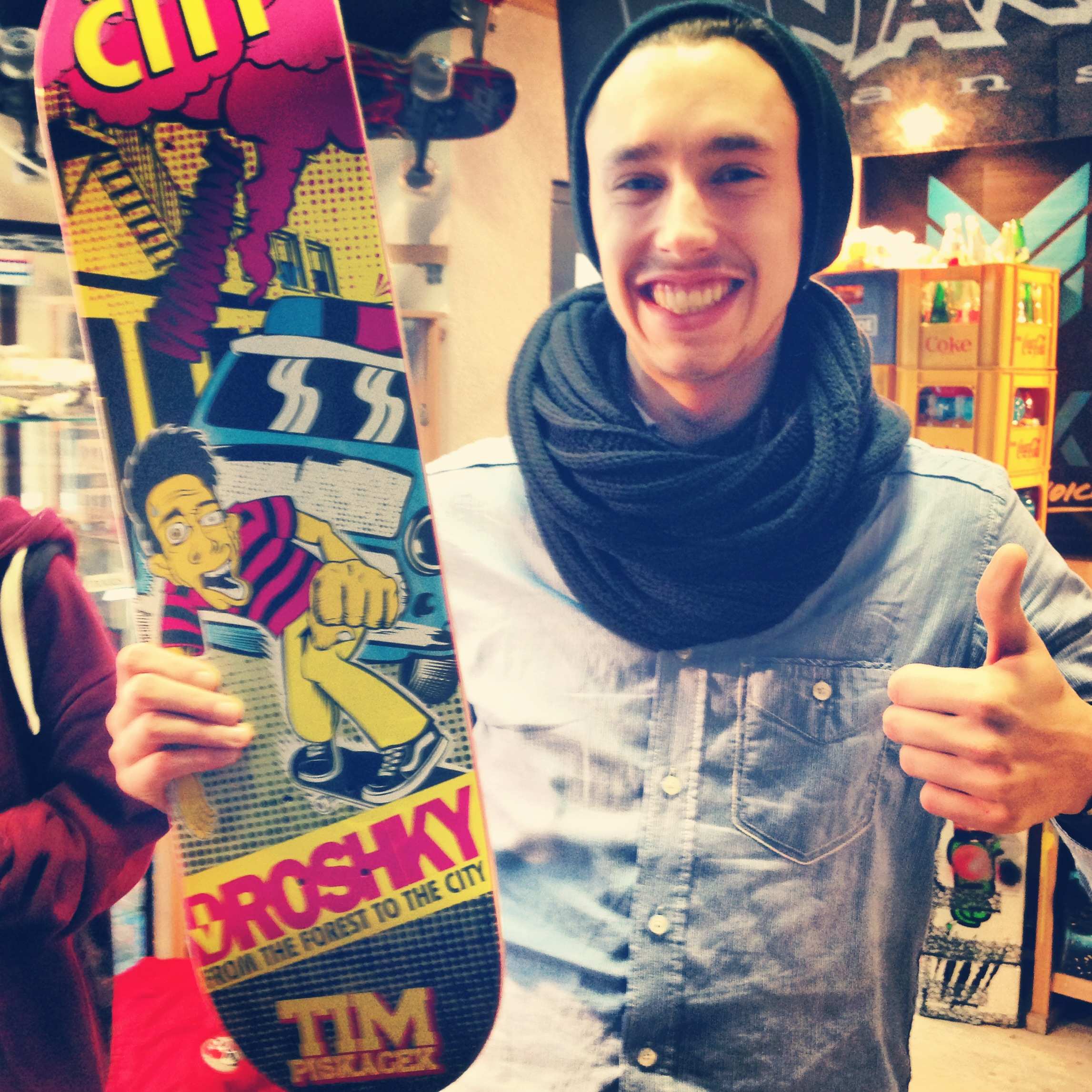 droshky skateboard deck with friend at the shop