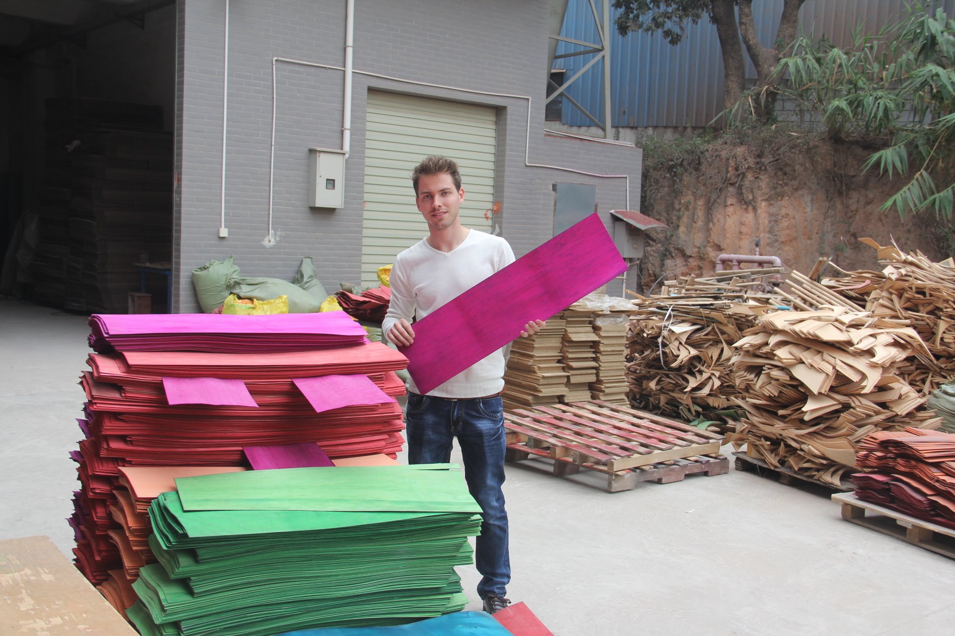 pink and green skateboard veneers at 2hex with the production manager
