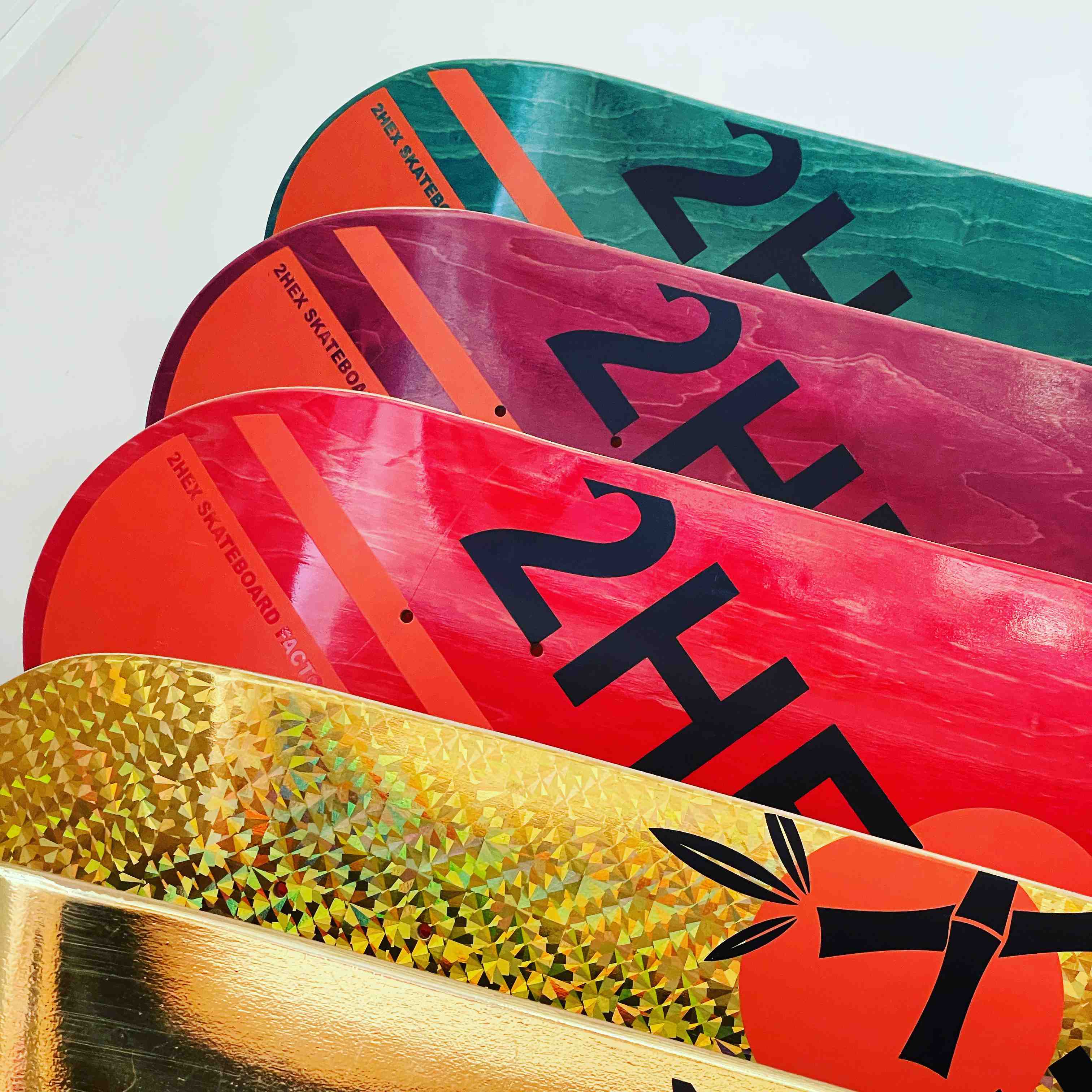 skateboard decks with different heat transfer effects like transparent and pattern foils