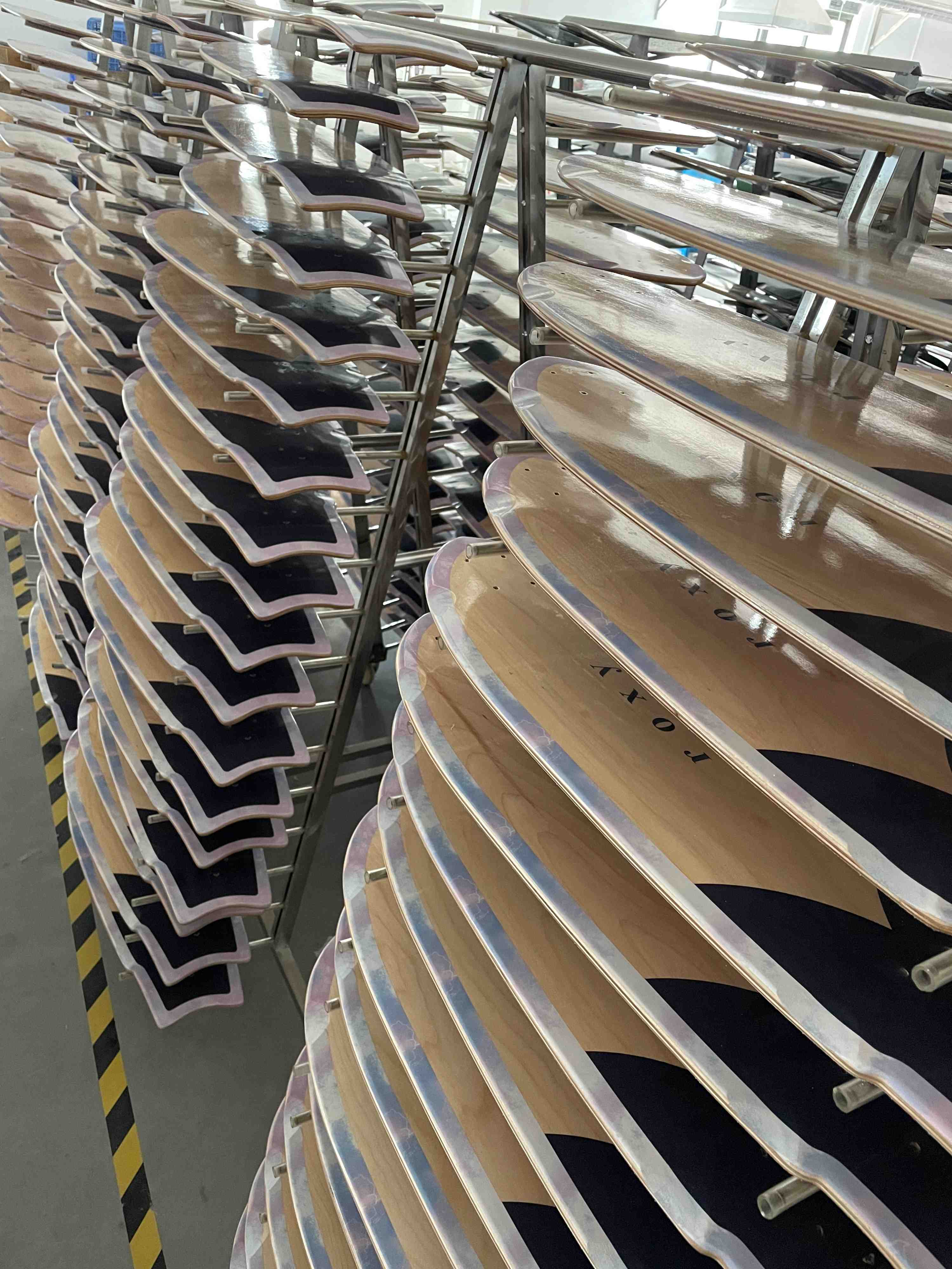 skateboard decks drying after big production