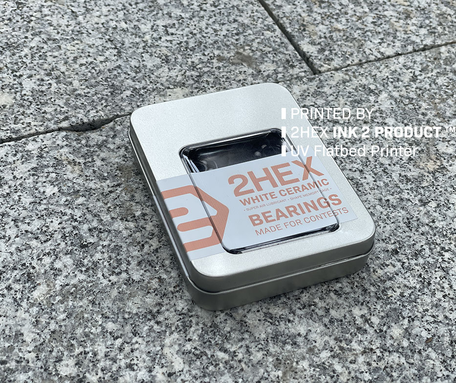 Photo of a bearing tin box printed on by 2HEX Ink 2 Product UV Flatbed Printer