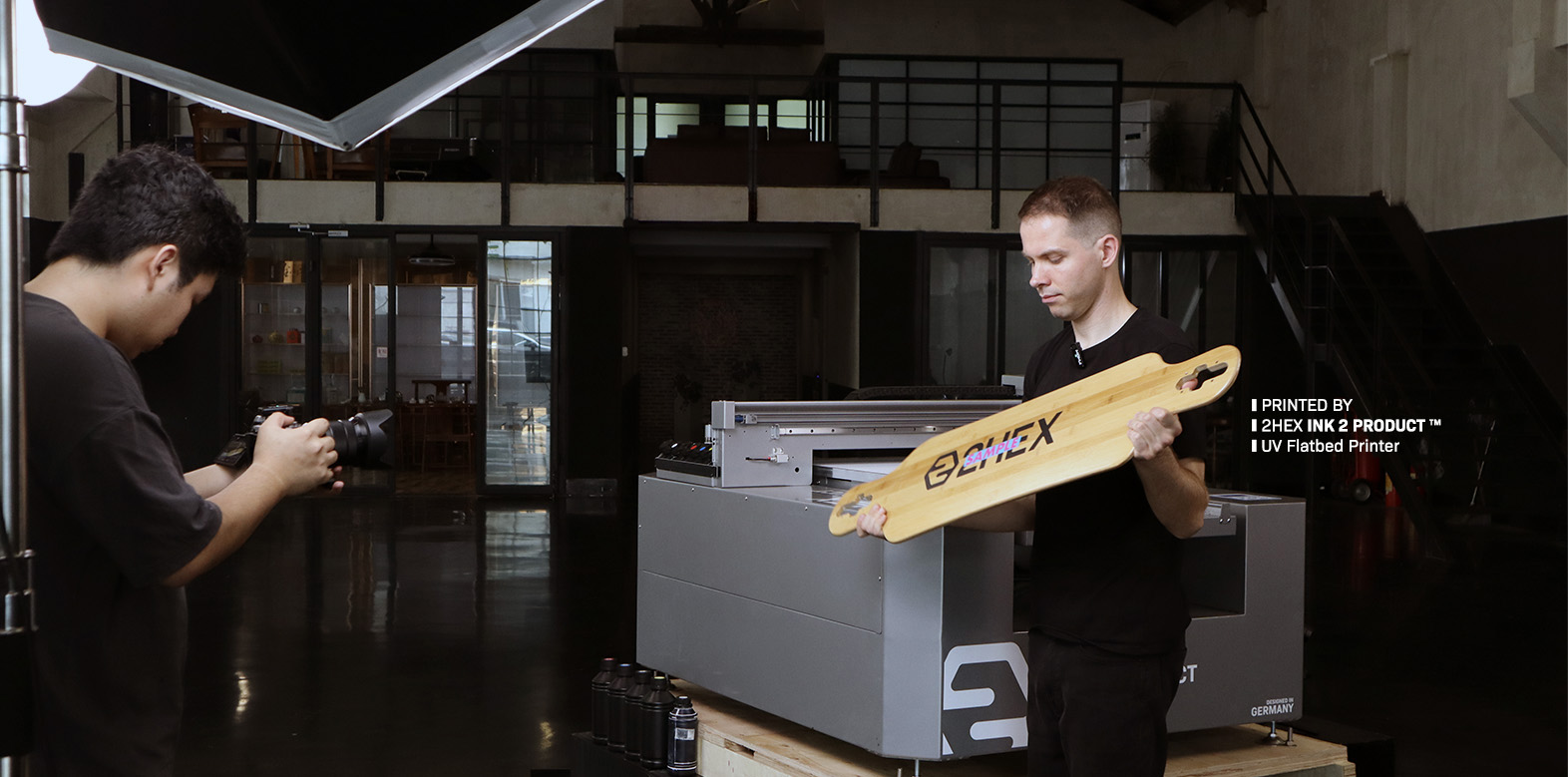 Photo of a longboard printed on by 2HEX Ink 2 Product UV Flatbed Printer