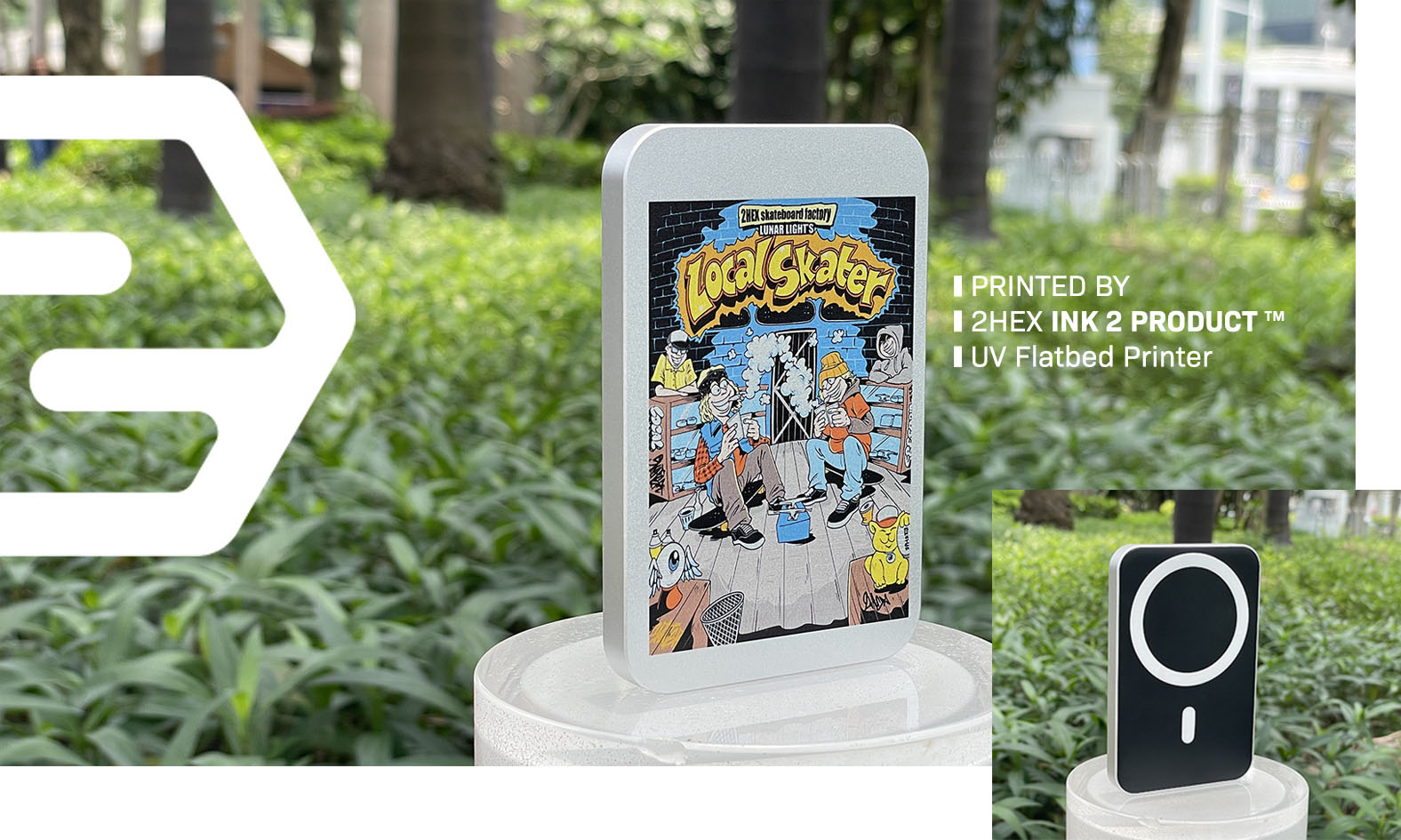 Photo of a powerbank printed on by 2HEX UV Flatbed Printer