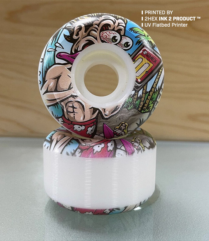 Photo of skateboard wheels printed on by 2HEX UV Flatbed Printer