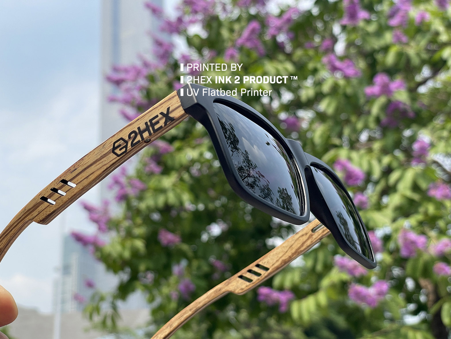 Photo of sunglasses printed on by 2HEX UV Flatbed Printer